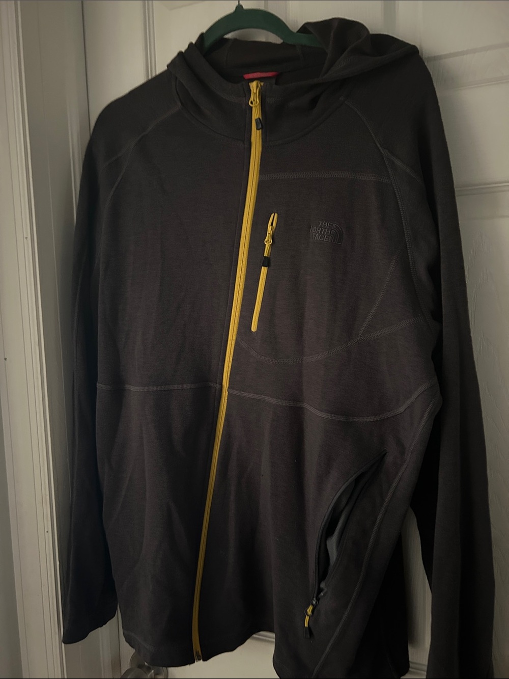 The North Face Dark Gray Hooded Performance Jacket with Yellow Zippers